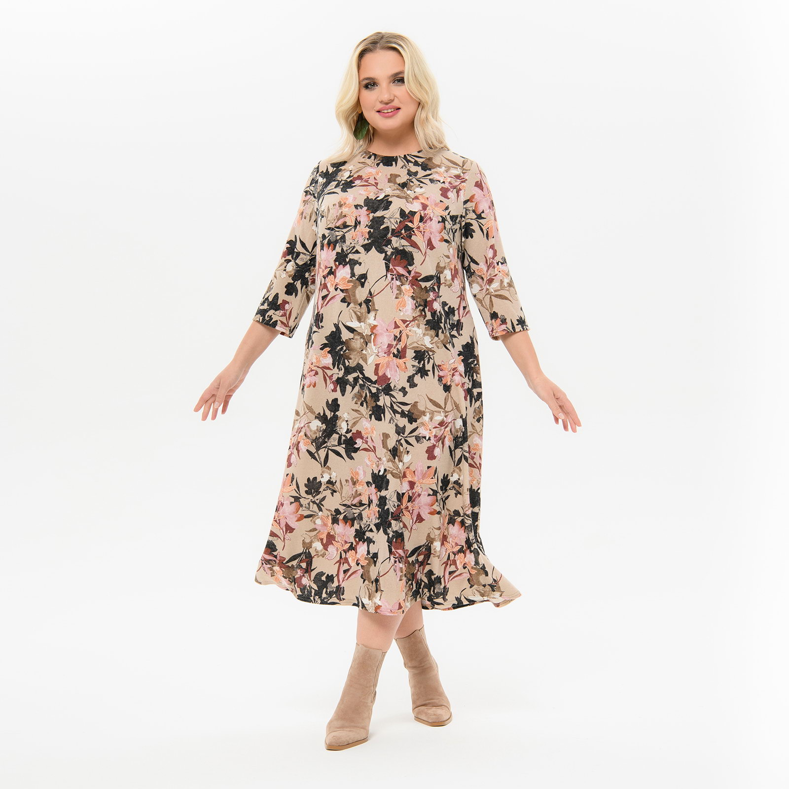 Платье миди, полуприлегающего силуэта, джерси - ангора бежевая, принт цветочный