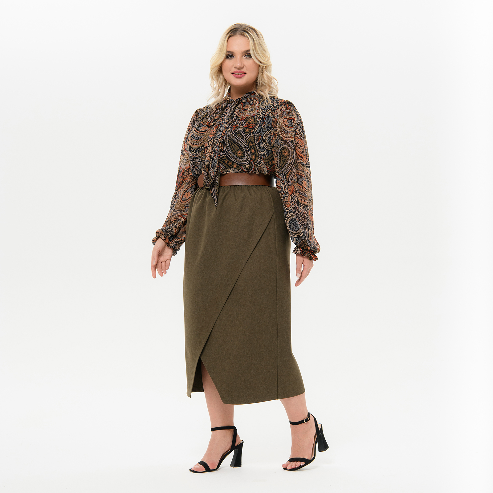 Юбка прямая, с запАхом, из костюмной ткани, цвет оливково-коричневый *