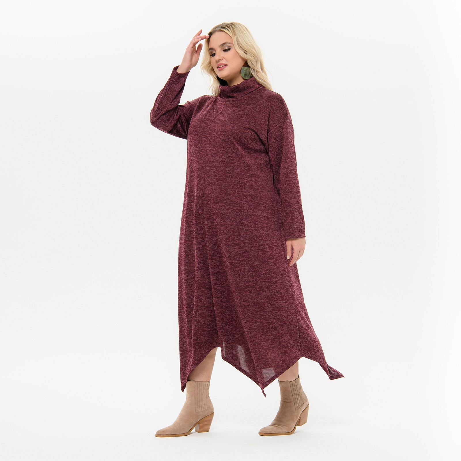 Платье с фигурной линией низа, из джерси-меланжа, бордовое *