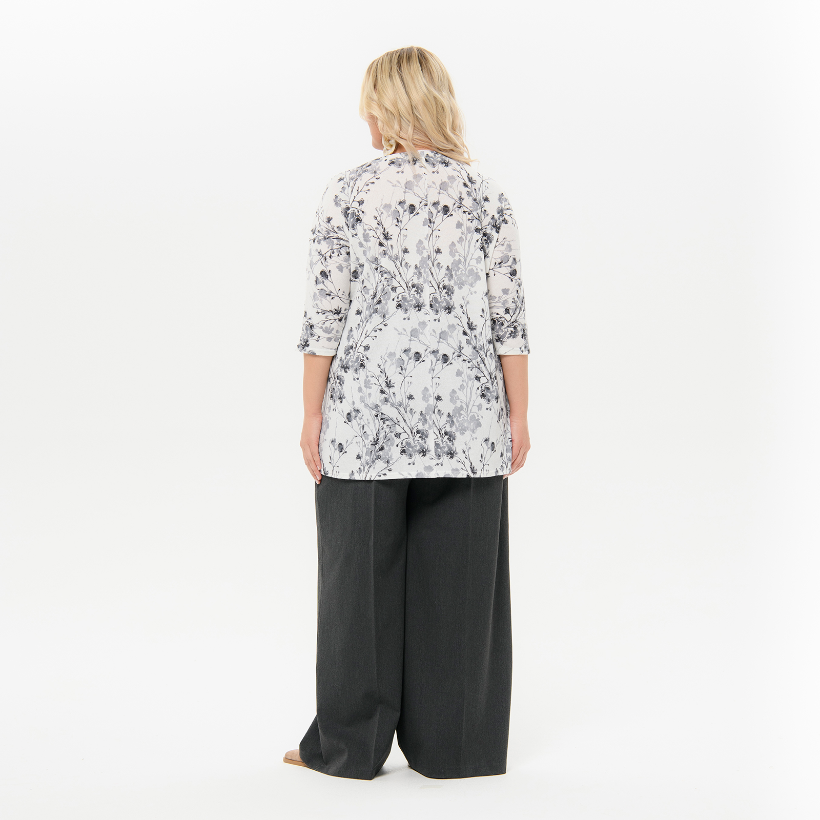 Туника с цельнокроеным рукавом из джерси - ангора нежно-серая, принт цветочный *
