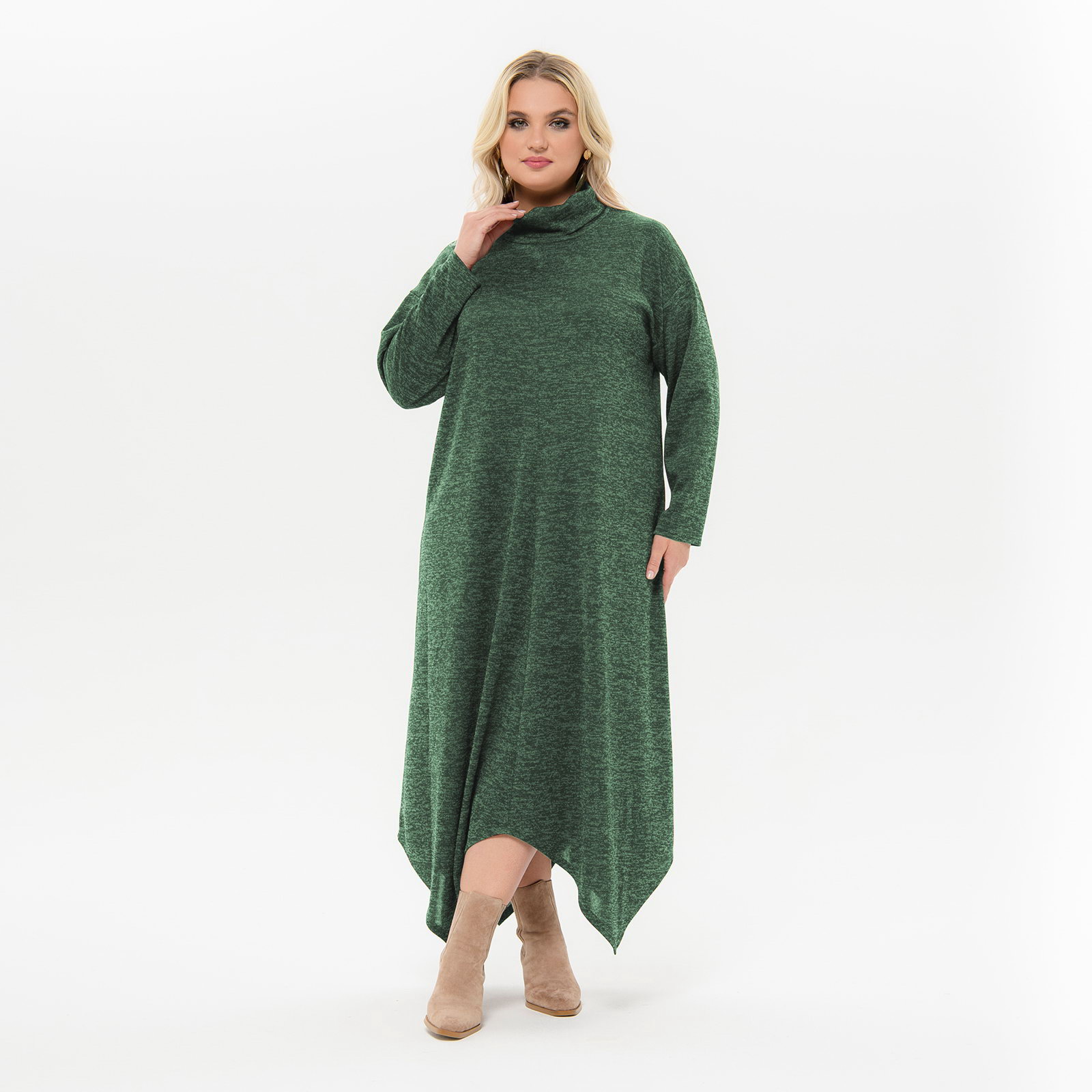 Платье с фигурной линией низа, из джерси-меланжа, зеленое