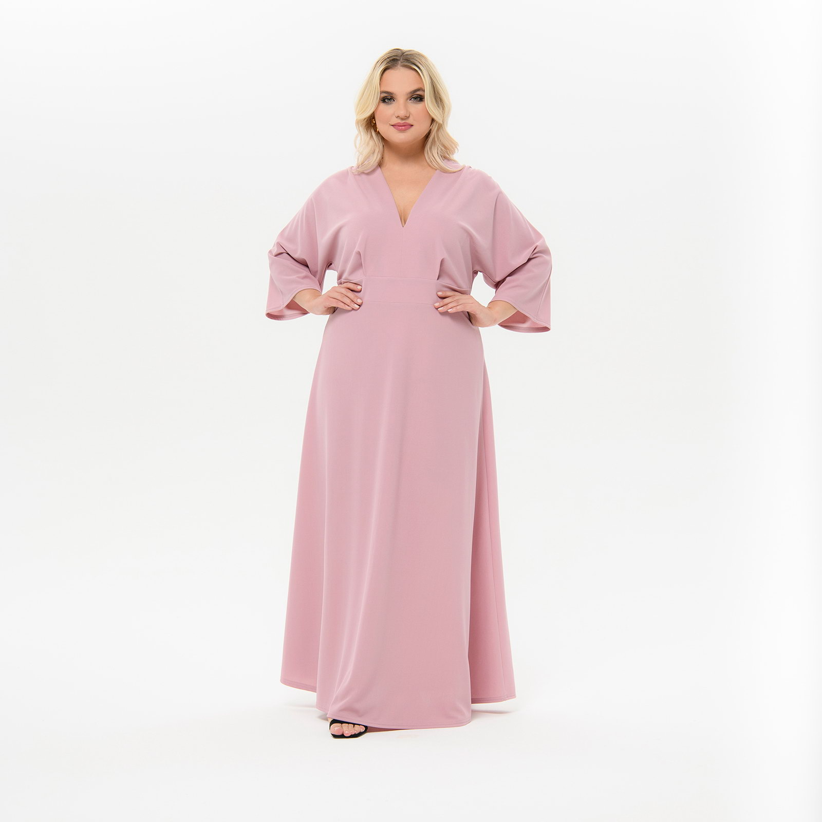 Платье длинное с V- вырезом, пудровое *