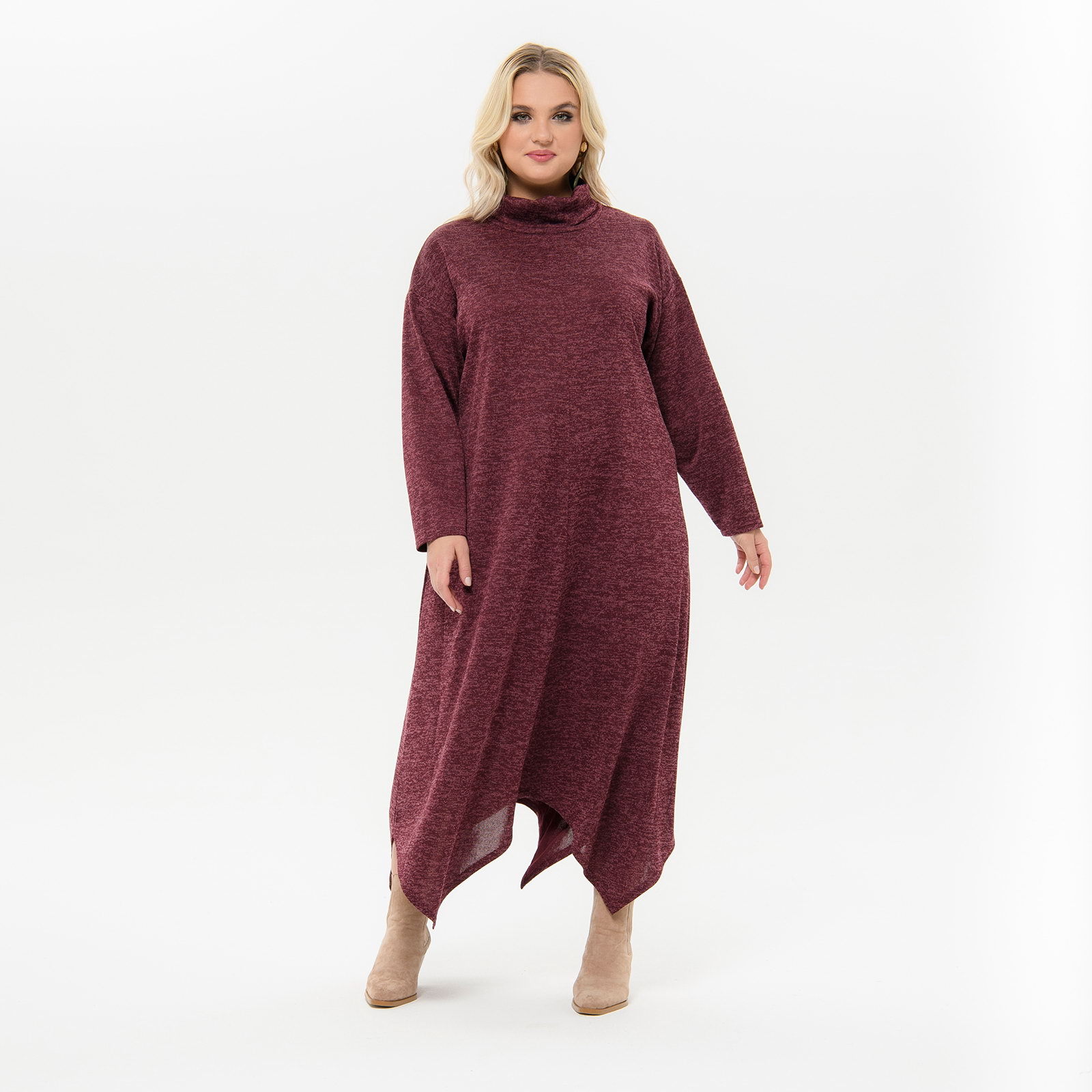 Платье с фигурной линией низа, из джерси-меланжа, бордовое *