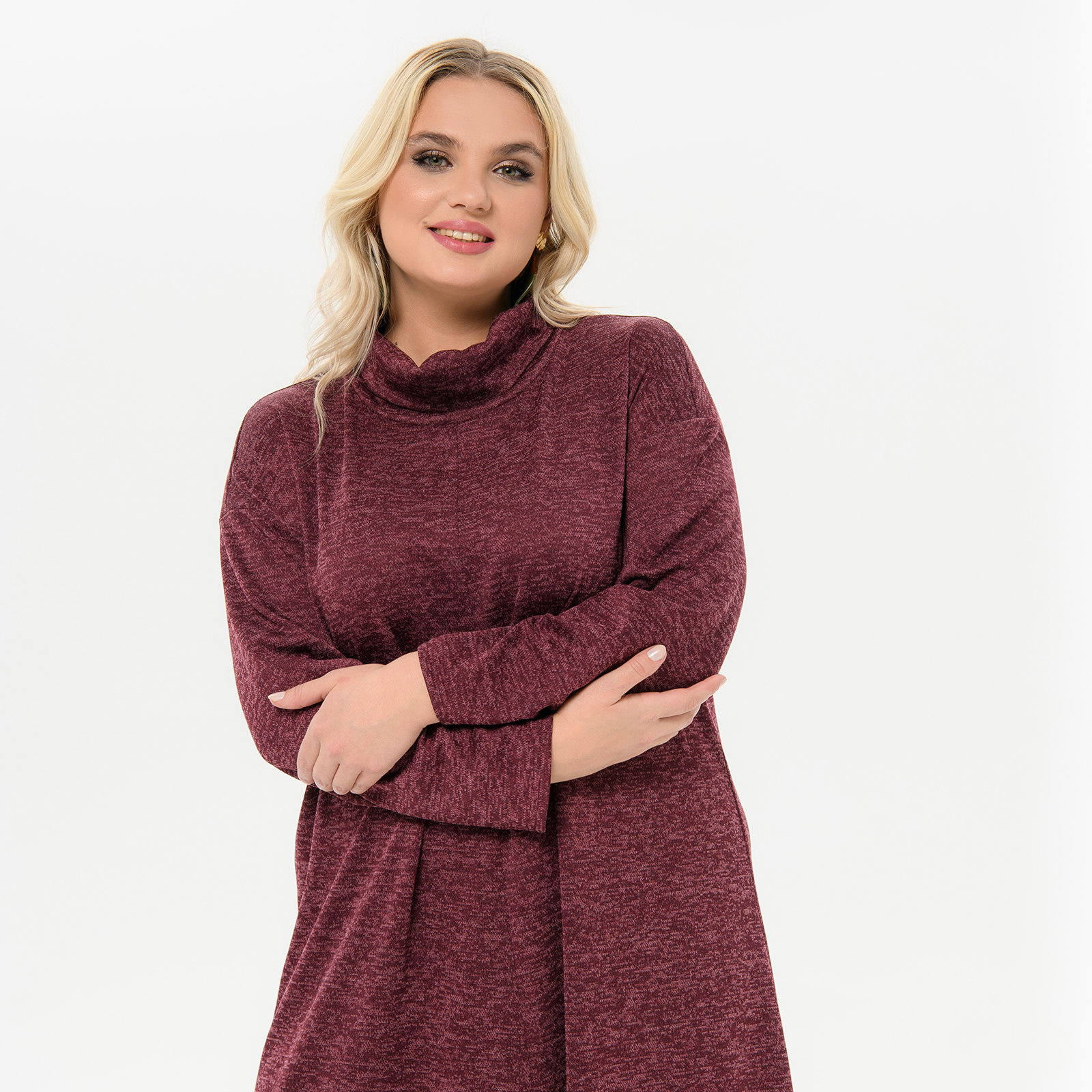 Платье с фигурной линией низа, из джерси-меланжа, бордовое *