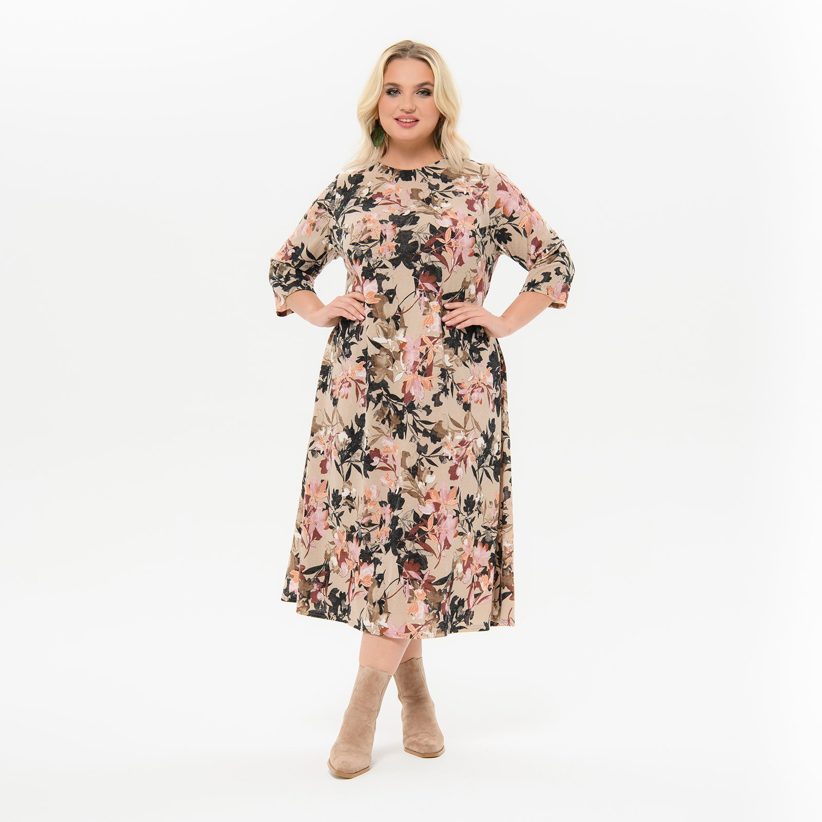 Платье миди, полуприлегающего силуэта, джерси - ангора бежевая, принт цветочный