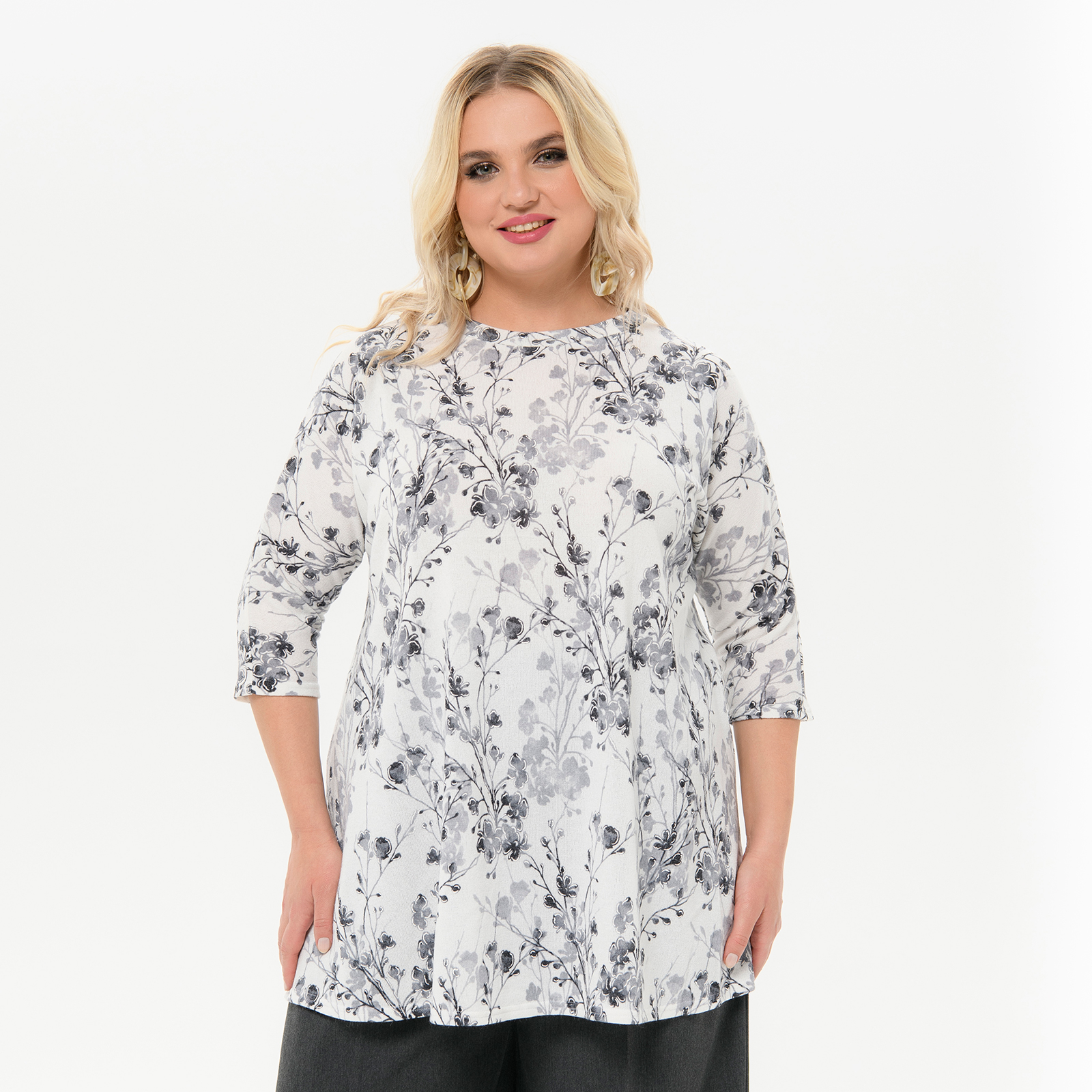Туника с цельнокроеным рукавом из джерси - ангора нежно-серая, принт цветочный *