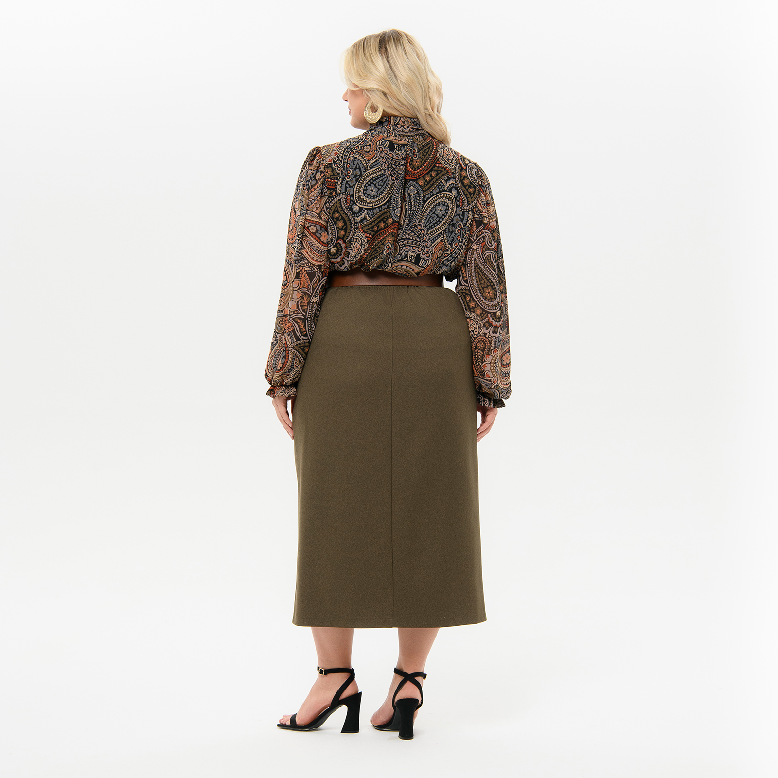 Юбка прямая, с запАхом, из костюмной ткани, цвет оливково-коричневый *