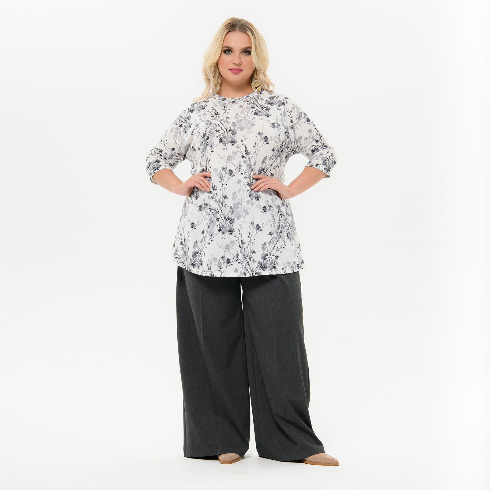 Туника с цельнокроеным рукавом из джерси - ангора нежно-серая, принт цветочный *