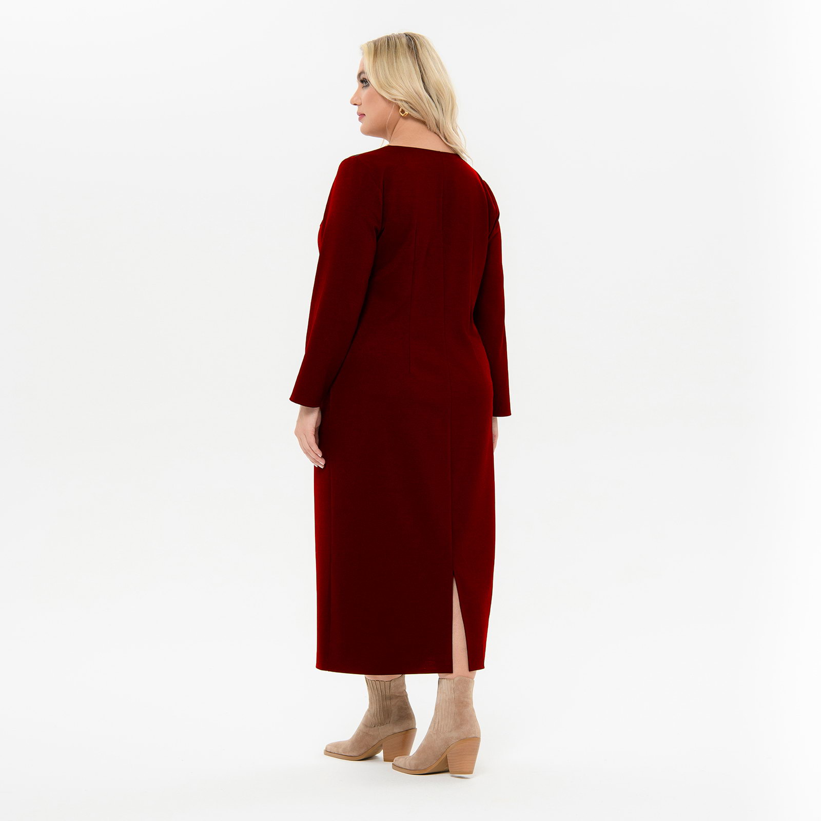 Платье миди с V - вырезом, из плательного крепа с эластаном, бордовое