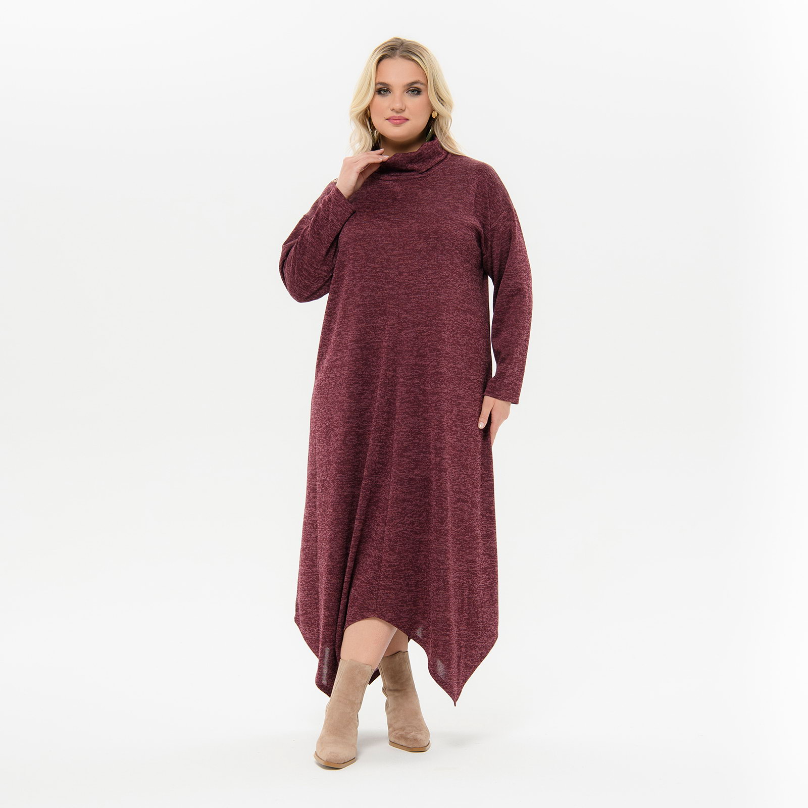 Платье с фигурной линией низа, из джерси-меланжа, бордовое *