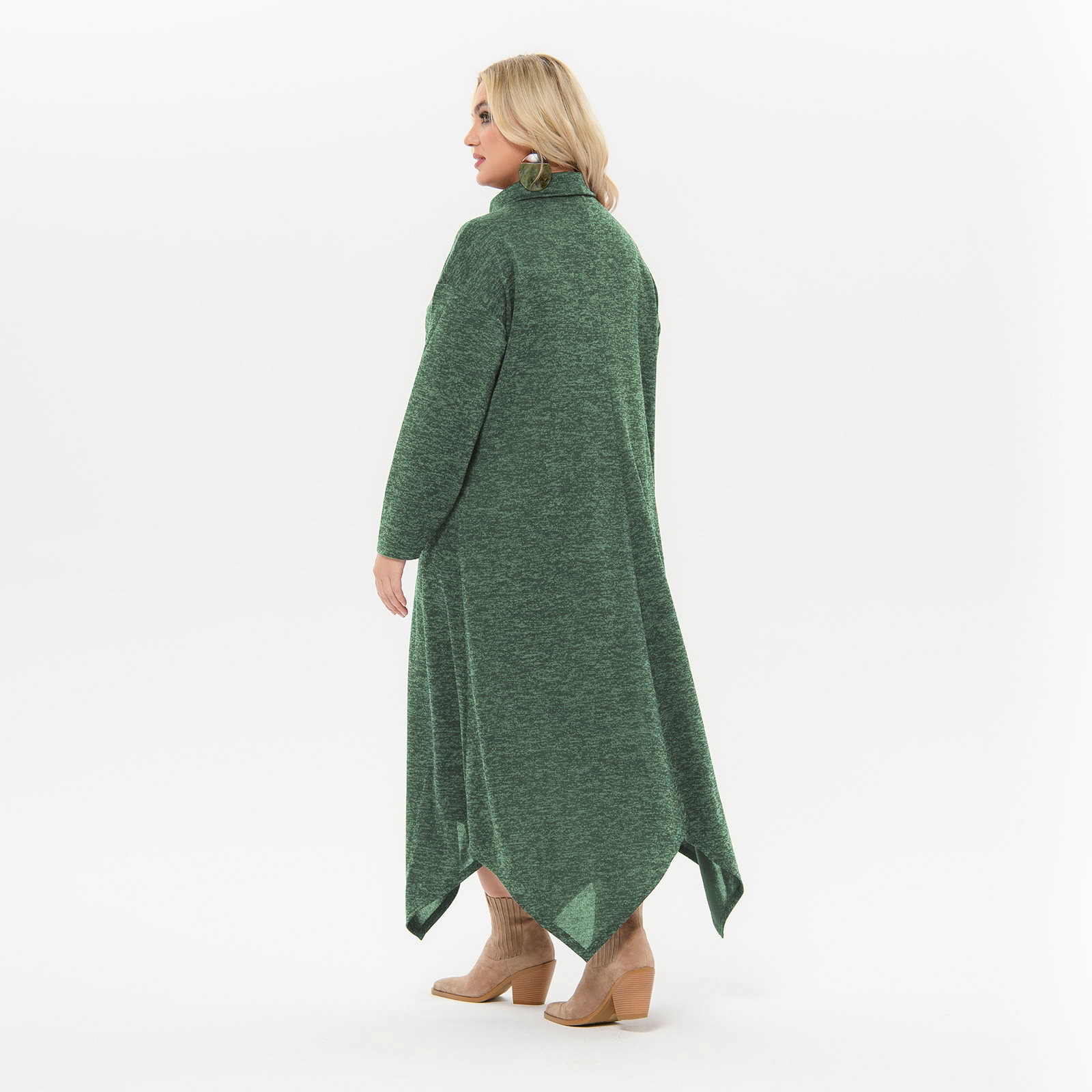 Платье с фигурной линией низа, из джерси-меланжа, зеленое