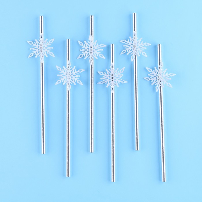 Трубочки для коктелей одноразовые «Снежинки», уголки, в наборе 6 штук, серебро