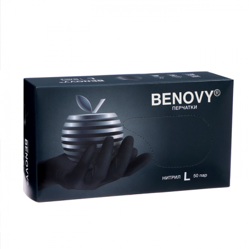 Перчатки нитриловые Benovy, 3 г, размер L, 50 пар/уп, чёрные
