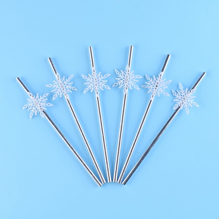 Трубочки для коктелей одноразовые «Снежинки», уголки, в наборе 6 штук, серебро