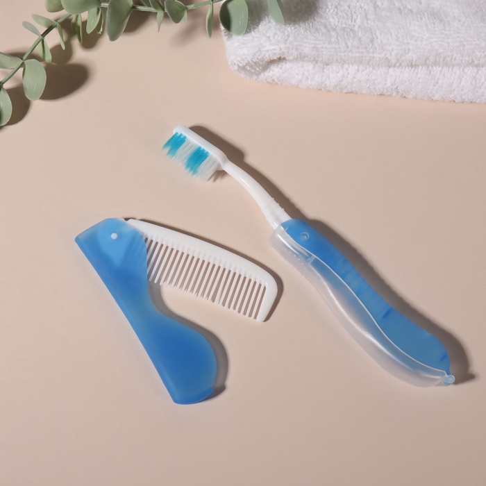 Дорожный набор, 2 предмета: расчёска, щётка, 5.5×11(±1) см, голубой