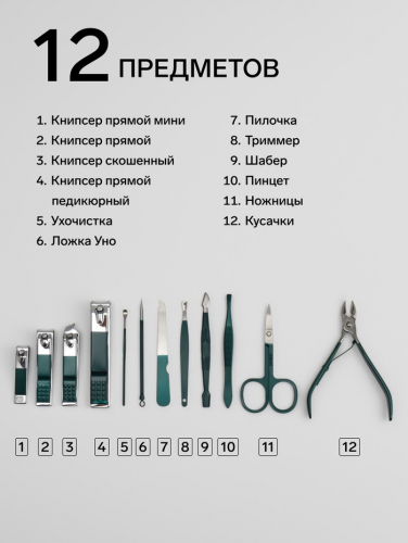 Набор маникюрный, 12 предметов, в футляре, цвет изумрудный