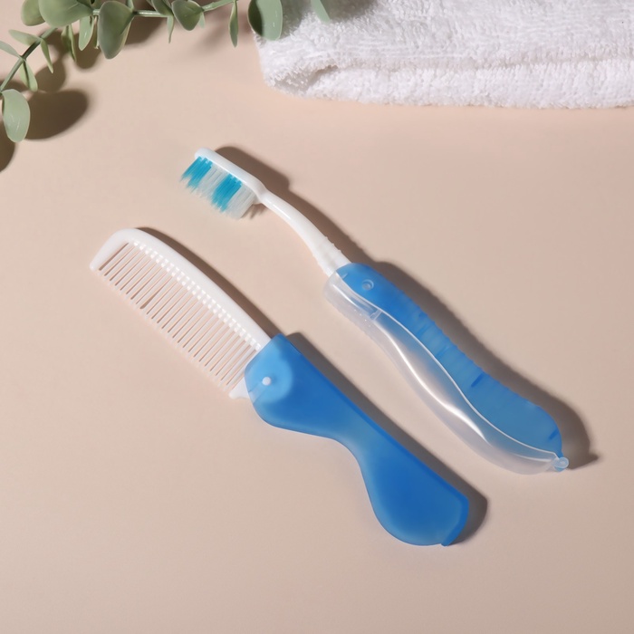 Дорожный набор, 2 предмета: расчёска, щётка, 5.5×11(±1) см, голубой