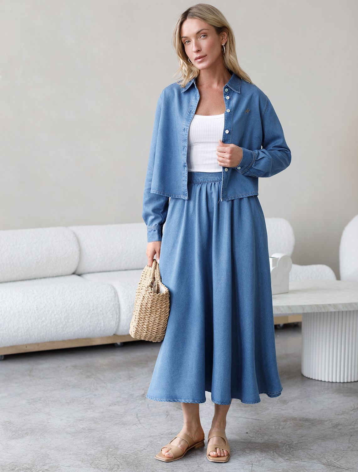 Юбка полусолнце из лиоцелла под деним D56.116 синий