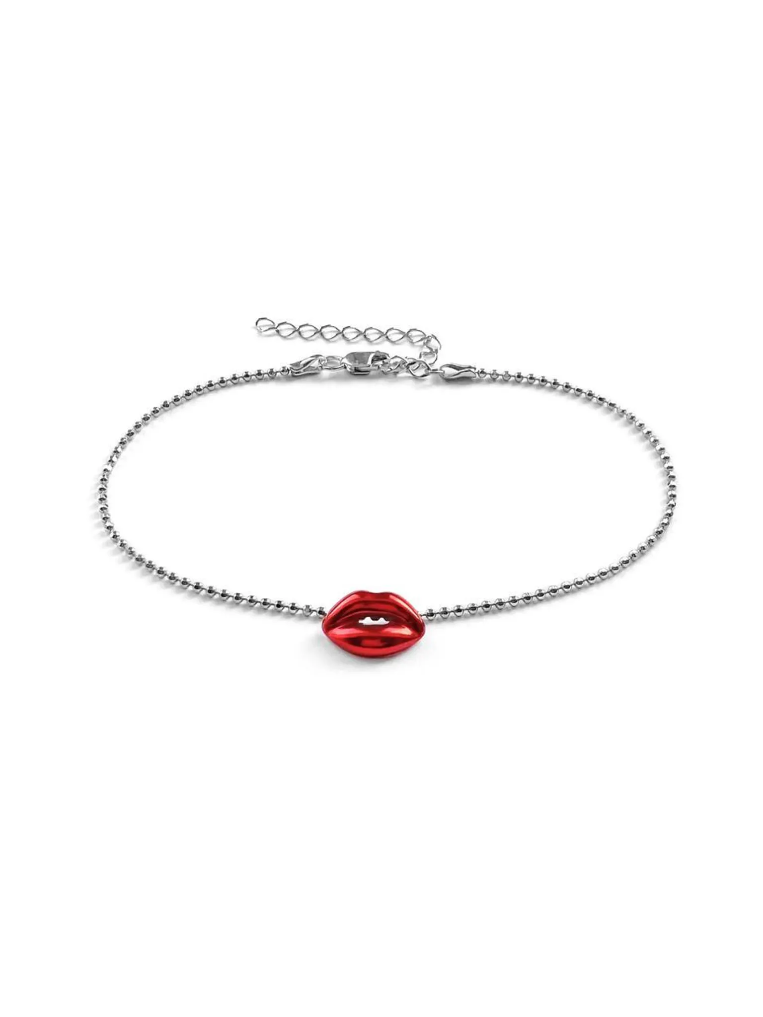 Серебряный браслет на цепочке на ногу «Поцелованная» red
