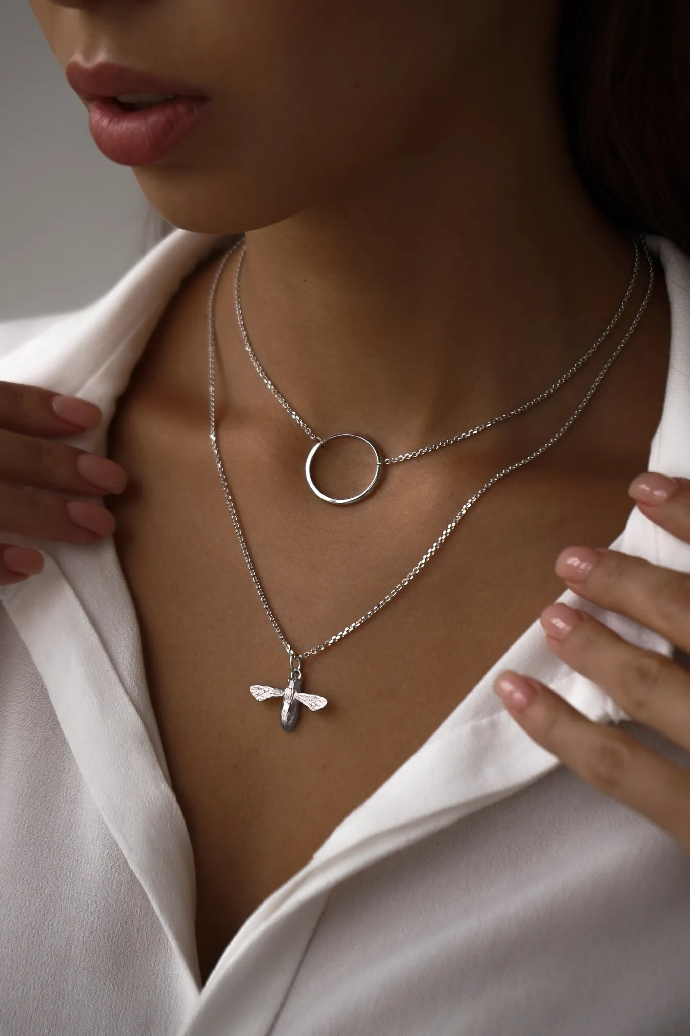 Серебряное колье на цепочке с кольцом, 20 мм