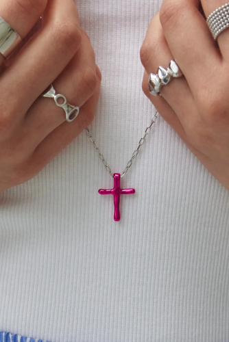 Серебряная подвеска крестик «Слияние» fuchsia