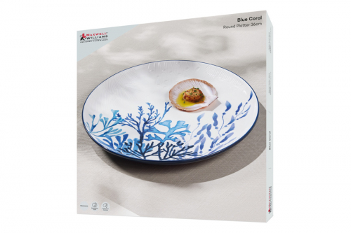 Блюдо, 36 см, керамика К, белое, круглое, Синие кораллы, Blue Coral, 63287