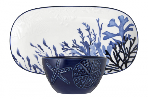 Набор, 2 пр, блюдо/салатник, керамика К, белое/синий, Синие кораллы, Blue Coral, 63289