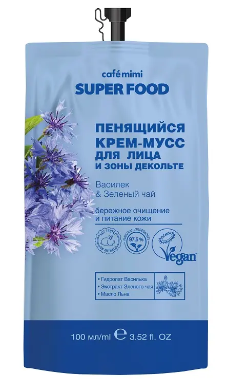 KM Super Food Крем-мусс д/лица и декольте Пенящийся Василек&Зел.чай,100мл.20 /513204/