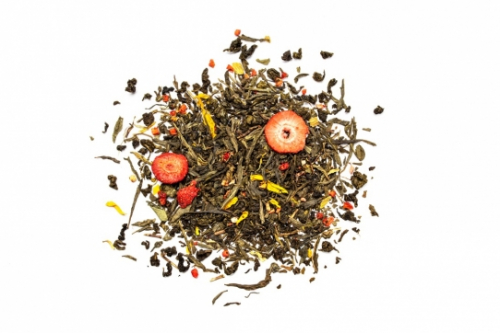 КЛУБНИКА СО СЛИВКАМИ (купаж зелёного чая Сенча и Оолонга, сублимированные ягоды клубники, натуральный ароматизатор