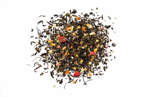 ПАТРИЦИЯ (чёрный индийский байховый крупнолистовой чай, зелёный чай Оолонг, сушёное яблоко, сублимированная малина, цукаты, лист малины, лист смородины, натуральный ароматизатор 
