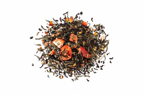 ЗЕМЛЯНИЧНЫЙ ВОСТОРГ  (чёрный индийский байховый крупнолистовой чай, зелёный чай Сен Ча, лепестки роз, сублимированные ягоды клубники, натуральный ароматизатор 