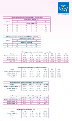 Размерная сетка женское Key.
