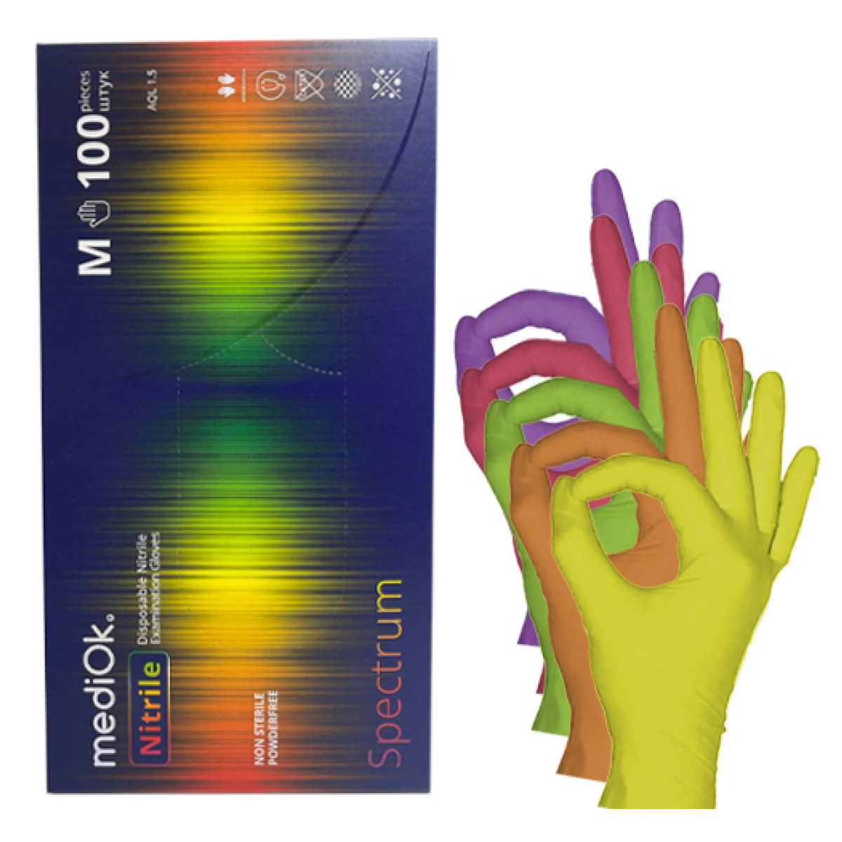 Mediok Перчатки нитриловые смотровые одноразовые неопудренные / Nitrile Spectrum, размер M, разноцветный, 50 пар (100 штук)