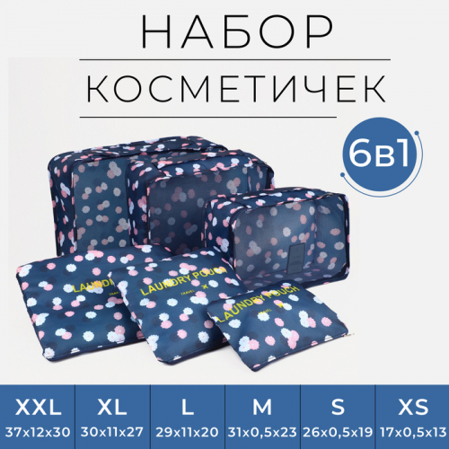 Дорожный набор органайзеров-косметичек на молниях, 6 в 1, с принтом, синий