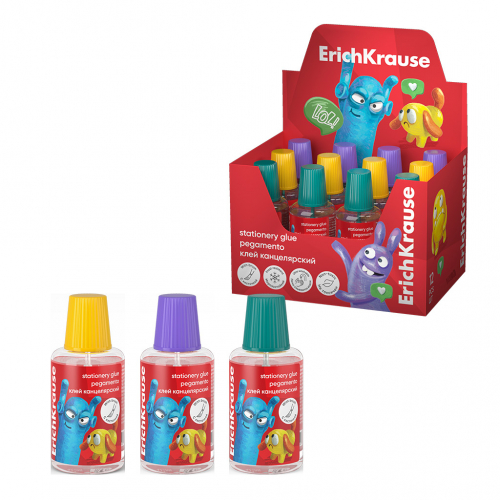Клей канцелярский ErichKrause EasyStick Jolly Friends, с кисточкой, 20мл, ассорти (в дисплее по 12 шт.)