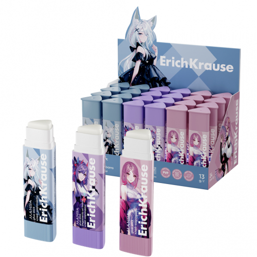 Клей-карандаш ErichKrause Prism Manga, 13г, ассорти (в коробке-дисплее по 24 шт.)