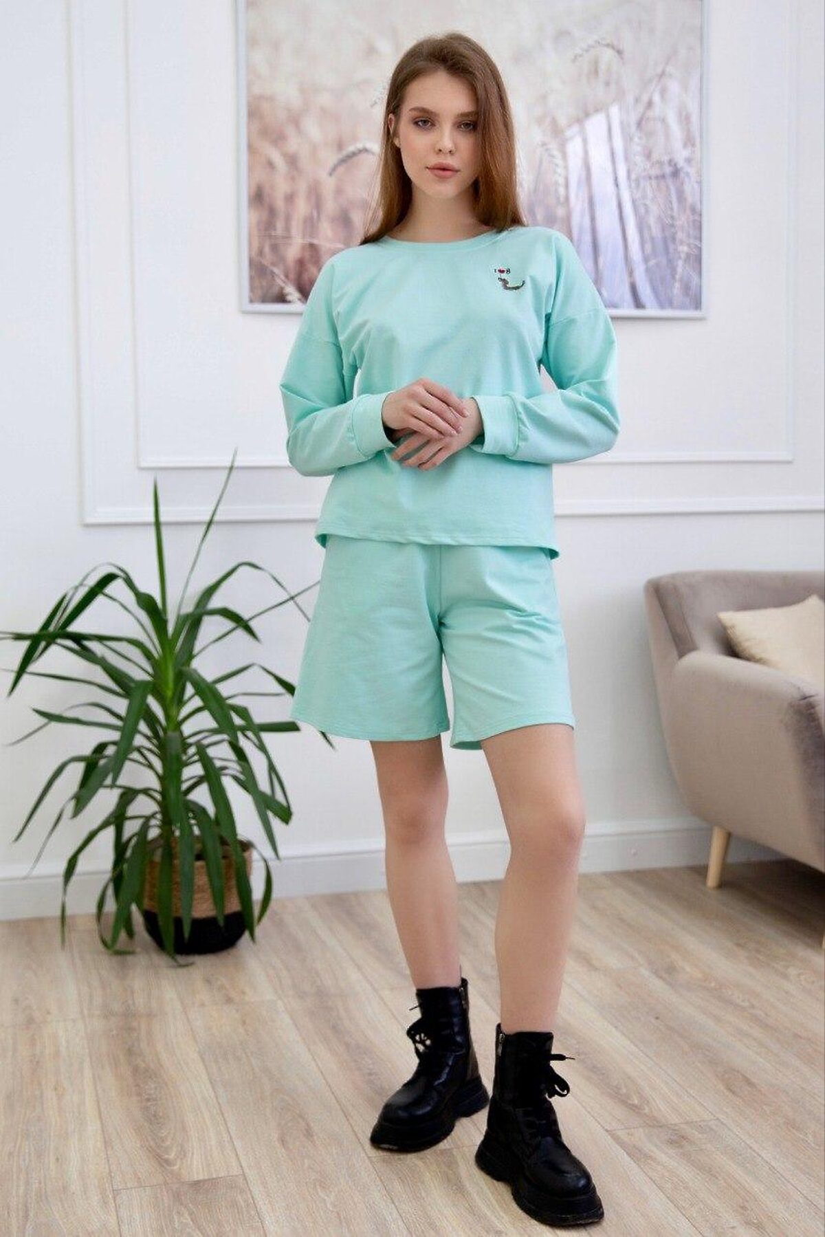 Костюм (Свитшот+Шорты) LIKA DRESS #862867Ментол