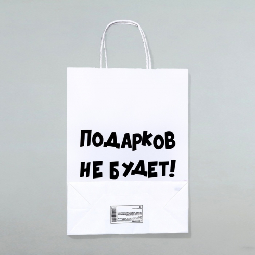 Пакет бумажный подарочный новогодний крафт с приколами, «Подарков не будет!», белый, 28 х 24 х 14 см.