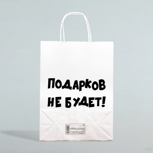 Пакет бумажный подарочный новогодний крафт с приколами, «Подарков не будет!», белый, 28 х 24 х 14 см.