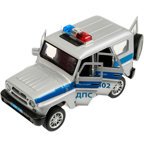 Модель HUNTER-124SL-POLGY UAZ ХАНТЕР ПОЛИЦИЯ 17 см, двери, инерц, сереб Технопарк  в коробке в Нижнем Новгороде