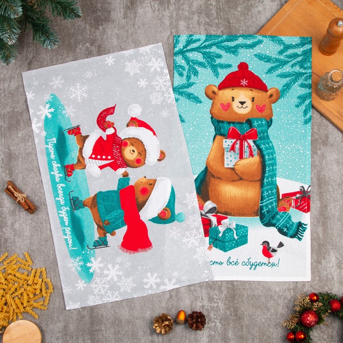 Набор новогодних кухонных полотенец «Новогодняя Сказка праздник в городе» 35×60 см-2 штуки, 100% хлопок