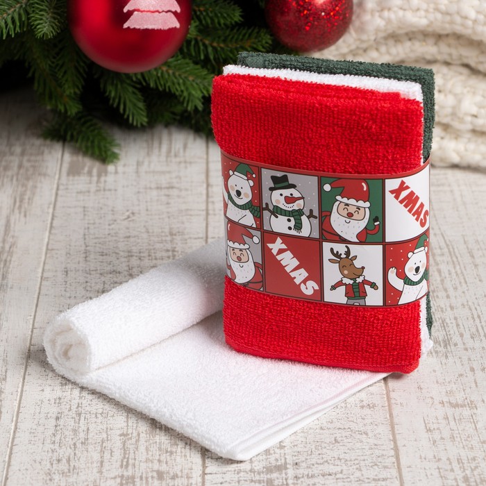 Набор махровых полотенец «Этель» Xmas, 30×30 см - 3 шт., хлопок 100%