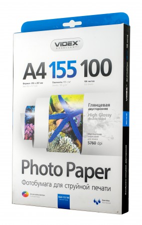Фотобумага Videx A4 155г/м2 глянцевая двусторонняя GGA4-155/100л