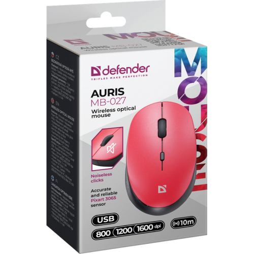 Мышь беспроводная Defender Auris MB-027, бесшумные кнопки, красная