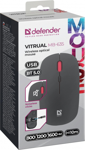 Мышь беспроводная Defender Vitrual MB-635 (2,4G+bluetooth), встроенный акб, бесшумные кнопки, черная