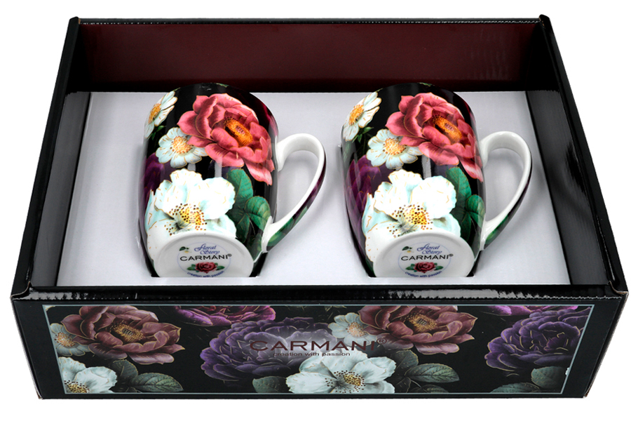 Кружка, 380 мл, 2 шт, фарфор F, черно-розовая, Розы, Floral story, 62367