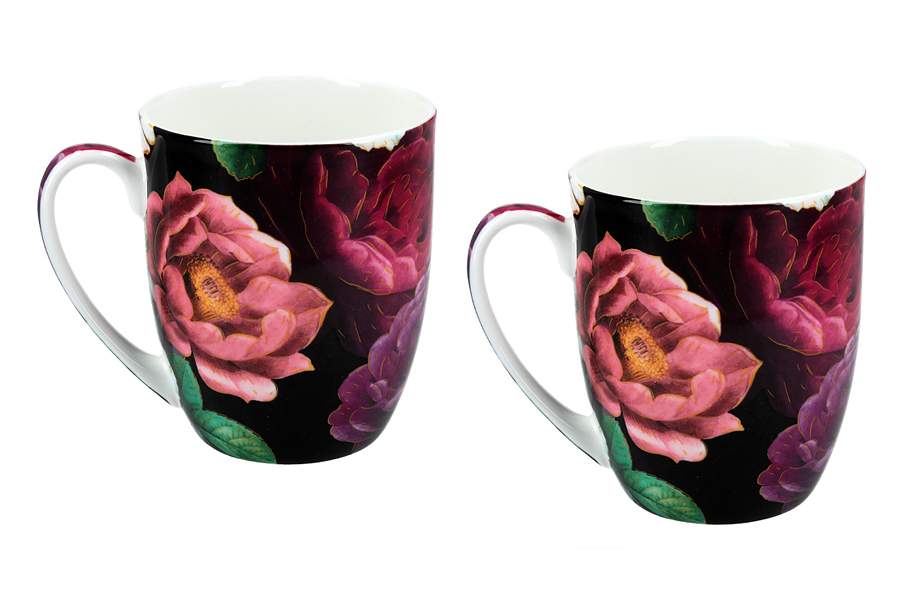 Кружка, 380 мл, 2 шт, фарфор F, черно-розовая, Розы, Floral story, 62367