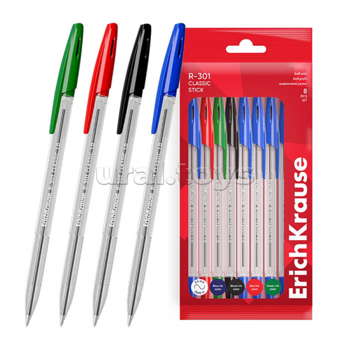 Набор из 8 ручек шариковых  R-301 Stick Classic 1.0, цвет чернил: синий, черный, красный, зеленый (в пакете)