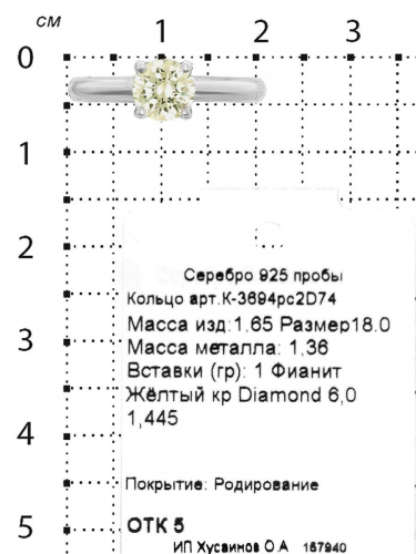Кольцо из серебра с фианитом родированное 925 пробы К-3694рс2D74