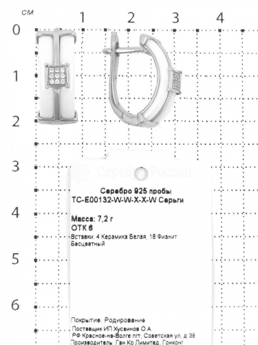 Серьги из серебра с керамикой и фианитами родированные 925 пробы TC-E00132-W-W-X-X-W
